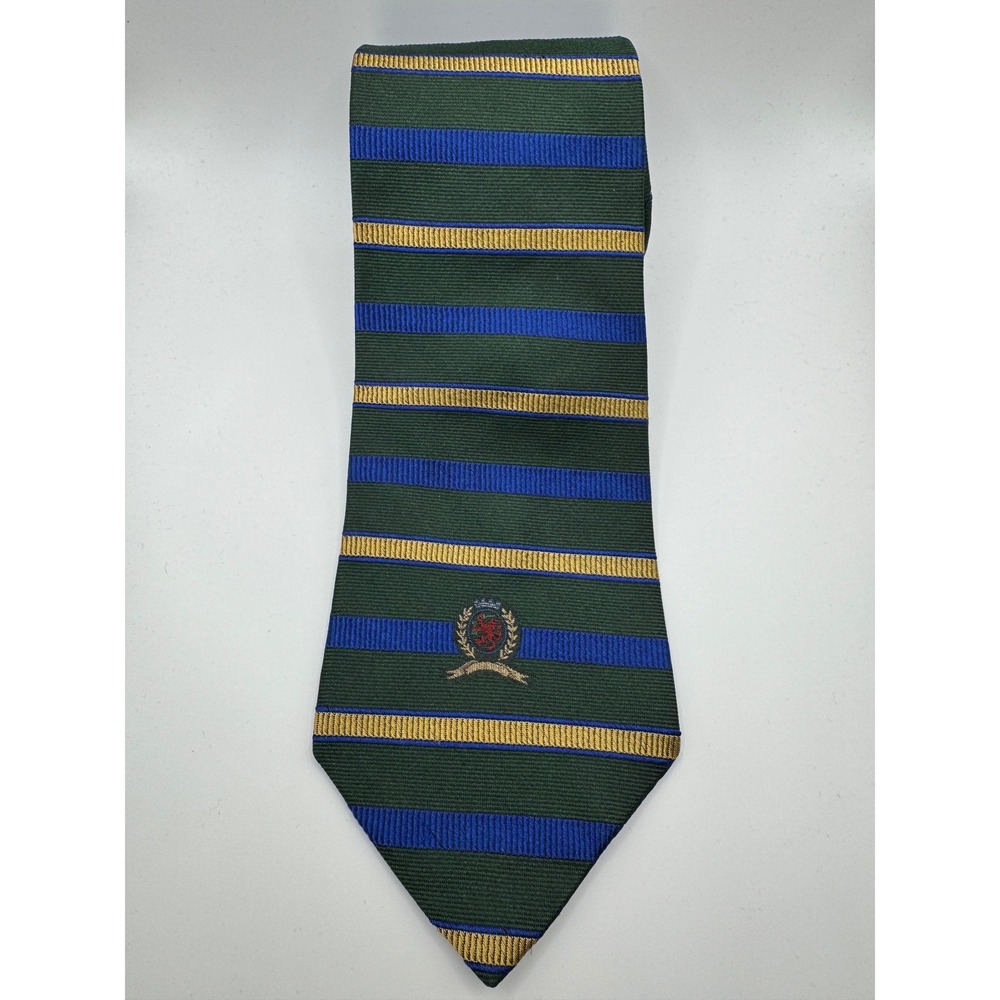 Tommy Hilfiger Mens Silk Tie Green Blue Gold Striped Crest Logo Preppy USA Made